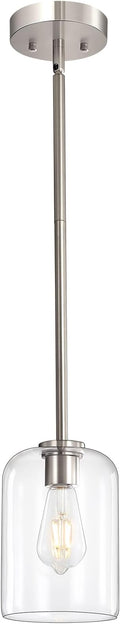 Brushed Nickel Pendant Light Fixtures, 6 Inch Clear Glass Shade Modern Farmhouse Pendant Lights Kitchen Island, Industrial Hanging Light Fixture Adjustable Stem Rod for Over Sink