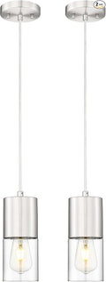 2-Pack Pendant Lights Kitchen Island, Brushed Nickel Hanging Lights Fixtures with Cylinder Clear Glass, Industrial Kitchen Pendant Lighting Over Island for Dining Room, AD-24023-1P2-SN