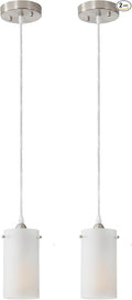 1-Light Mini Pendant Light Fixtures, Modern Chandelier Hanging Ceiling Light with White Frosted Shade, Brushed Nickel Pendant Lighting Adjustable Height, 2 Pack