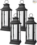 Serene Spaces Living Set of 4 Black Hurricane Lanterns with Clear Glass Panels - Ideal for Home Decor, Parties & Events - Table Top or Hanging Lantern for Indoor & Outdoor Use - Measures 15