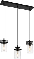 Pendant Lighting for Kitchen Island, Modern Glass Pendant Light Linear Chandelier for Dining Room Industrial Hanging, 3 Light Fixture Adjustable Cord Farmhouse Ceiling Light Black Finish