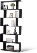 Tangkula 6-Tier Geometric Bookcase, Modern S-Shaped Storage Display Bookshelf for Living Room, Anti-Toppling Device, Home Office Wooden 6 Shelf Open Bookcase (1, Black)