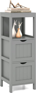 Tangkula Small Bathroom Storage Cabinet with 2 Removable Drawers, Wood Freestanding Floor Cabinet for Bathroom, Anti-Tipping Device, Side Corner Cabinet for Small Spaces (Grey)