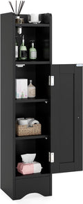 Tangkula Small Bathroom Storage Cabinet with Door, Toilet Paper Holder Stand with Adjustable Shelves & Open Compartment for Small Spaces, Narrow Freestanding Storage, 7 x 7.5 x 31.5 Inches (Black)