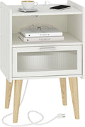Nightstand with Charging Station, Bedside Tables with Glass Decorative Door, End Table Side Table with 2 Tiers Storage Space, for Bedroom, Living Room, White CAMLBZ07WE