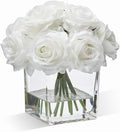 WELL KNOWN Rose Artificial Flowers in Vase with Faux Water, Ivory White Silk Rose Table Centerpieces for Home Coffee Table Decor, Fake Roses Flower Arrangements for Office Hotel Lavatory Decor