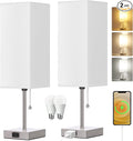 Table Lamp for Bedroom set of 2,3-Color Bedside Lamps with Pull Chain Table Lamps for Nightstand with AC Outlets,18'' Night Light Lamps with 2 Bulbs Lamps for Living Room Kids Office Decor(Nickel)