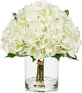 Hollyone Real Touch White Hydrangea Artificial Flowers in Vase Latex Large Faux Hydrangea Flowers Arrangements Hydrangeas Fake Flower with Glass Vase with Faux Water for Table Centerpiece Home Decor