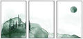 SIGNWIN 3 Piece Framed Canvas Wall Art Green Watercolor Landscape with Moon Nature Wilderness Illustrations Abstract Traditional Home Artwork Decoration for Living Room,Bedroom - 24