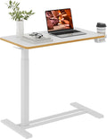Medical Overbed Adjustable Bedside Table with Hidden Casters, Pneumatic Mobile Rolling Laptop Standing Desk with Tray for Home and Hospital Use, White