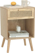 MaxSmeo Rattan Side Table, Small Bedside Tables Natural Wood Nightstand with Drawer and Open Shelf, Modern Nightstand with Solid Legs (Natural Walnut)