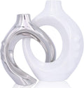 White Ceramic Vase Set of 2, White and Silver Round Donut Ceramic Decorative Vase for Living Room Decor, Bookshelf, Mantel, Dining Table Centerpiece Decor (White Silver)