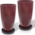 ZMTECH 21 Inch Tall Outdoor Planters Set of 2 Round Tall Plant Pots for Outdoor/Indoor with Shelf Inset, Wine Red Glossy Smooth Finish - Large Plastic Pots with Drainage Holes for Front Porch Patio