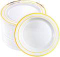 bUCLA 100Pieces Gold Plastic Plates-7.5inch White and Gold Disposable Salad/Dessert Plates - Ideal for Weddings, Party