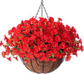 Artificial Fake Hanging Flowers Plants Baskets for Outdoor Decoration, Faux Silk Red Morning Glory in Planter Look Real UV Resistant Artificial Flower for Outside Porch Patio Garden Yard Home Decor