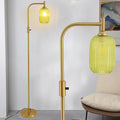 Dimmable Brass Gold Floor Lamp, Mid Century Modern Standing Lamp with Ribbed Green Glass Lampshade,Tall Lamp for Living Room Bedroom Study Room