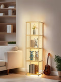 MANBUR Display Shelf with Dimmable LED Floor Lamp, Display Cabinet with Glass Bookcase, Home Decor, Bedroom Decor, Bookshelf with Light, Open Book Shelf with 5-Tier Shelf for Living Room Decor Gold