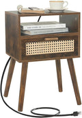 MaxSmeo Small Nightstand with Charging Station, Rattan Side Table Mid Century Modern Bedside Table for Bedroom, Living Room and Small Spaces, Solid Wood Legs (Rustic Brown)