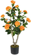 Goplus 36’’ Artificial Camellia Tree, Flower Plants Artificial Tree, Faux Floral Plant Blooming Tree in Nursery Pot, Greenery Potted Plant for Indoor Office Home Porch Decor, Orange