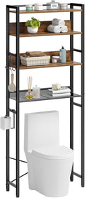 Rolanstar Over The Toilet Storage 4-Tier, Freestanding Bathroom Organizer, Sturdy Behind Toilet Rack with Hooks, Space-Saving Design, Fits Most Toilets, Rustic Brown