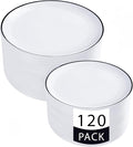 LIYH 120 Pcs White Plastic Plates with Black Rim - Disposable Plates Dishes for Party Wedding Includes 60 Dinner Plate 10.25