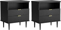 Nightstand with Charging Station, Wide Fluted Nightstand, Wood for Bedroom, Living Room, Black Dresser with Storage Drawers, Bedside Table with Metal Handle & Leg (Black Set of 2, 23.3)