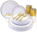 Tableware Dinnerware Set, Premium Heavyweight, Reusable or Disposable Party Plates, Includes Dinner Plate, Dessert Plate, Cutlery, and Cup (Gold, 150-Piece Set, Serves 25 Guests)
