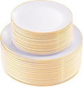 KIRE 100PCS Disposable Plates - White with Gold Rim for Party/Wedding - Includes 50Pieces 10.25inch Dinner and 50Pieces 7.5inch Dessert/Salad Plates