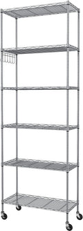 Homdox 6-Tier Storage Shelf Wire Shelving Unit Free Standing Rack Organization with Caster Wheels, Stainless Side Hooks, Silver Gray