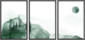 SIGNWIN 3 Piece Framed Canvas Wall Art Green Watercolor Landscape with Moon Nature Wilderness Illustrations Abstract Traditional Home for Living Room,Bedroom - 16