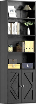Tall Wooden Bookshelf with Cabinet and Doors,Vintage Black Bookcase for Bedroom, Living Room, or Home Office Storage, 6 Shelves for Heavy Books & Organization