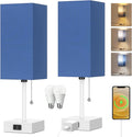 Table Lamp for Bedroom set of 2,3-Color Bedside Lamps with Pull Chain Table Lamps for Nightstand with AC Outlets,Small Night Light Lamps with 2 Bulbs Lamps for Living Room Kids Room Office Decor(Blue)
