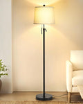 Floor Lamps for Living Room, Black Floor Lamp Adjustable Height Standing Lamp, Dimmable Modern Tall Floor Lamp for Bedroom Office with Beige Linen Shade, 8W 3000K Bulb Included