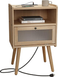 Mid Century Modern Nightstand with Charging Station, Bedside Tables with Glass Door, End Table Side Table with 2 Tiers Storage Space, for Bedroom, Living Room, Natural