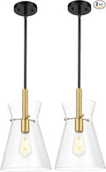 Emak Modern 9 Inch Black and Gold Pendant Lights Kitchen Island, 2 Pack Large Pendant Light with Clear Glass Shade, Farmhouse Island Lights for for Kitchen, Dining Room, Bathroom, PL130-BKBGD-CG-2PK