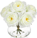 Hollyone White Roses Peonies Artificial Flowers with Glass Vase Silk David Austin Roses Faux Flowers Arrangements with Clear Faux Water in Vase Fake Peonies Rose Peony Floral Bulk Bouquet Home Decor