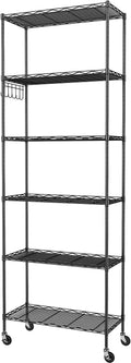 Homdox 6-Tier Storage Shelf Wire Shelving Unit Free Standing Rack Organization with Caster Wheels, Stainless Side Hooks, Black