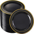 bUCLA 100 Pieces Black and Gold Plastic Dessert Plates - 7.5inch Disposable Salad/Appetizer Plates - Ideal for Party, Graduation & Fathers Day