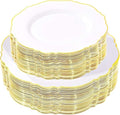 WDF 100pcs Gold Plastic Plates - High-end Baroque Design - Heavy Duty White &Gold Wedding Plates Set Ideal for Weddings/Party/Bridal Shower