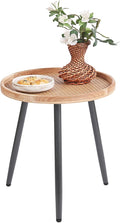 Tiita Rattan Round End Table Mental Side Table Nightstand/Small Wood Tables Accent Coffee Table with Wooden Tray for Living Room Bedroom Office Small Space