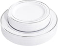 FLOWERCAT 60PCS Silver Plastic Plates - Heavy Duty White and Silver Plastic Plates Disposable - Include 30PCS 10.25inch Dinner Plates and 30PCS 7.5inch Dessert Plates for Wedding&New Year
