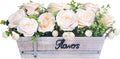 Centerpiece Table Decorations Rustic Wood Tray with 3 Artificial Champagne Rose Flowers and Fake Eucalyptus for Dining Room Farmhouse Living Room Kitchen and Coffee Table Décor
