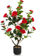 Goplus 38’’ Artificial Camellia Tree, Flower Plants Artificial Tree, Faux Floral Plant Blooming Tree in Cement Pot, Greenery Potted Plant for Indoor Outdoor Office Home Porch Decor