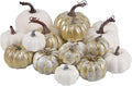 winemana 16 Pcs Golden and White Pumpkins Thanksgiving Pumpkin Decorations Assorted Sizes, Artificial Foam Harvest Autumn Decor, Fake Pumpkins Fall Decorations for Indoor Home Kitchen Table Mantle