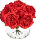 Hollyone Red Roses Peonies Artificial Flowers with Glass Vase Silk David Austin Roses Faux Flowers Arrangements with Clear Faux Water in Vase Fake Peonies Rose Peony Floral Bulk Bouquet Home Decor