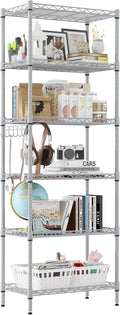 Homdox 6-Tier Storage Shelf Wire Shelving Unit Free Standing Rack Organization with Adjustable Leveling Feet, Stainless Side Hooks, Silver