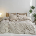 MooMee Super Queen Duvet Cover Set, 100% Washed Cotton Linen Like Twill Thick Sturdy Material Super Soft Breathable Durable Bedding for All Season, 3 Pieces (Cream Grey, Super Queen 90