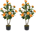 Goplus 36’’ Artificial Camellia Tree, 2 Pack Flower Plants Artificial Tree, Faux Floral Plant Blooming Tree in Nursery Pot, Greenery Potted Plant for Indoor Office Home Porch Decor, Orange