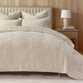 EVERGRACE Velvet Quilt Set Queen Size, Luxurious Soft Quilted Bedding Sets, Lightweight Velvet Comforter for All Season, Striped Channel Bedspread Coverlet with 2 Shams, Ivory Sand