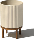 Veradek Demi Series Round Planter w/ Stand for Porch/Patio | Durable Plastic-Concrete & Wooden Stand | Modern Décor for Tall Plants, Flowers